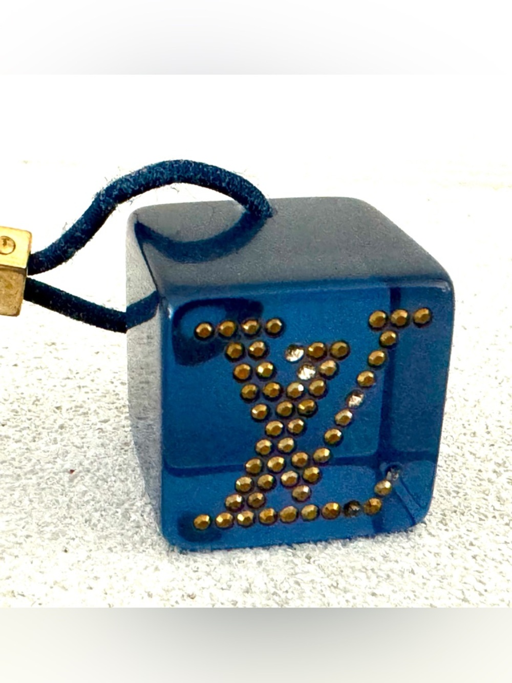 LOUIS VUITTON  Blue Cube Dice Hair Tie LV Studded Resin Gold Tone Elastic Pair - Picture 4 of 6